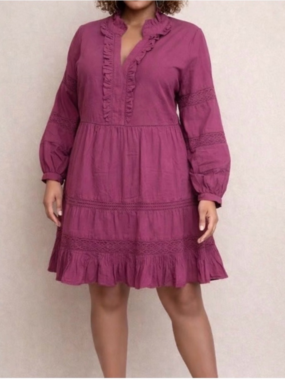 Sundance Ruffled Boho Cottage Style V-Neck Long-Sleeve Dress in Plum Mauve Sz S
